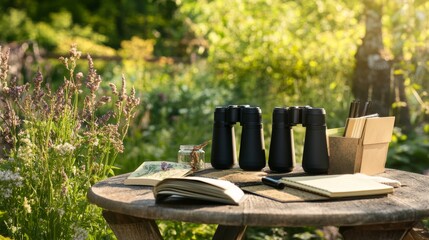 A peaceful birdwatching station in a garden, Binoculars, field guides