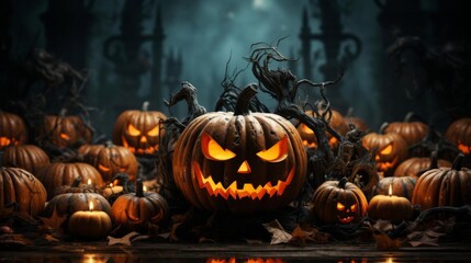 Fototapeta premium A large pumpkin with a scary face is surrounded by many other pumpkins