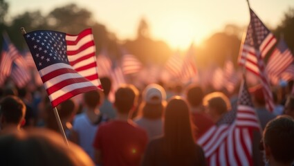 Evening Background of crowd at political rally in the United States carrying US flags. Upcoming election cycle 2024 presidential campaigns, protests against unfair elections, shallow depth of field,