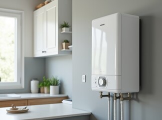 Modern home gas boiler, water heater placed in apartment. White modern home gas copper mounted on a grey wall on a kitchen. Water heater. Water heating, ecology.