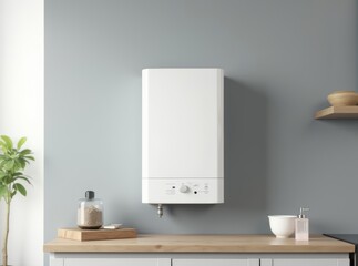 Modern home gas boiler, water heater placed in apartment. White modern home gas copper mounted on a grey wall on a kitchen. Water heater. Water heating, ecology.