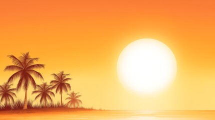 Tropical sunset with silhouette palm trees against an orange sky.