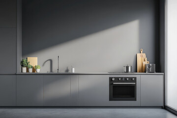 Modern kitchen with sleek cabinetry, minimalist design, and natural light creating serene atmosphere. space features stove, cutting boards, and potted plants for touch of greenery