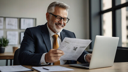 Happy busy older professional businessman entrepreneur using laptop holding bill corporate document in office. 50 years old man executive manager or business owner reading paper working on computer