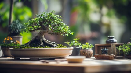 A peaceful bonsai garden with bonsai tools and miniature landscapes, Bonsai care tools and serene garden settings meticulously arranged, Zen contemplation style