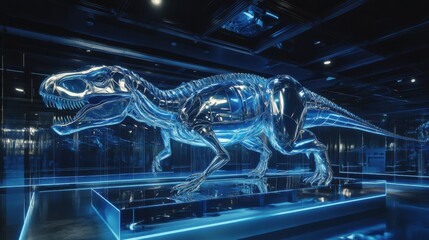 Futuristic Metallic Dinosaur Sculpture Displayed in Gallery