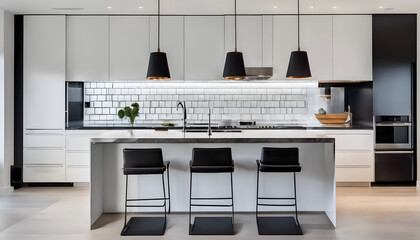 Open-concept kitchen featuring white cabinetry, marble island, and sleek appliances