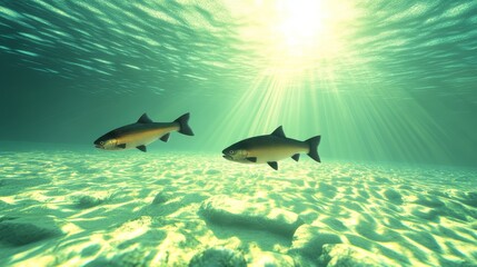 Fototapeta premium Two fish swimming underwater with sun rays penetrating the surface.
