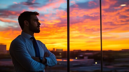 Fototapeta premium Businessman in Office Portrait with Large Glass Windows Against a Sunset Backdrop