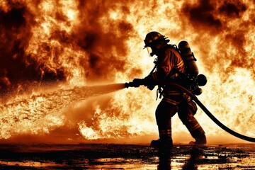 Fototapeta premium A firefighter in full gear battling a blaze - the firefighter spraying water from a hose.