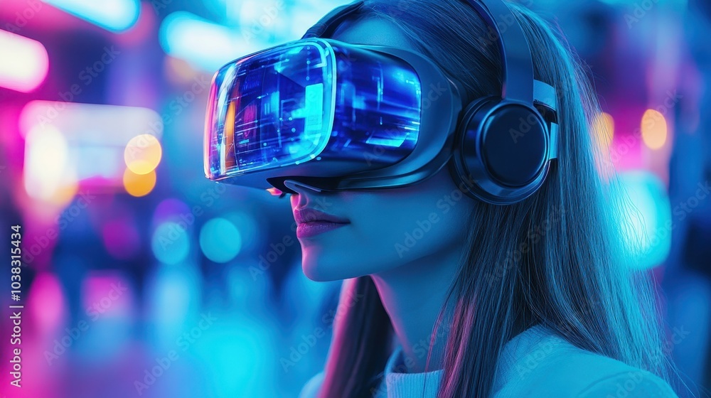 Poster woman using digital device technology googles headset looking into the world of metaverse virtual re