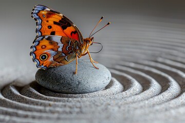 Fototapeta na wymiar Vibrant Butterfly Rests on a Stone in a Serene Garden