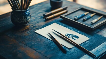 A peaceful calligraphy corner with brushes and ink, Calligraphy tools and paper meticulously placed, Elegant traditional style