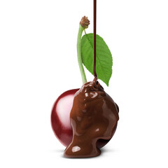 Chocolate pouring onto cherry on white background