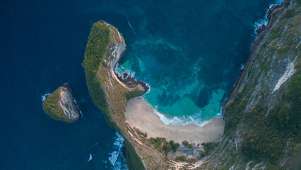 Aerial photography of Kelingking Beach in Nusa Penida. Travel to Indonesia. Nature. Drone view. Tourist place.
