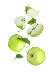 Fresh green apples in air on white background