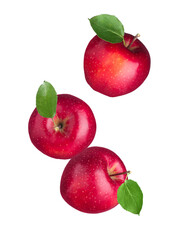 Fresh red apples in air on white background