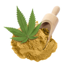 Hemp protein powder, wooden scoop and leaf on white background