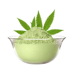 Hemp protein powder and leaves in bowl on white background