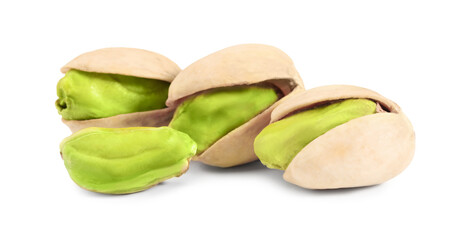 Many tasty pistachio nuts on white background