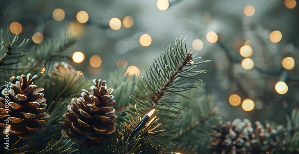 Poster a close up of pine branches and cones with lights in the background, creating an atmosphere for chri
