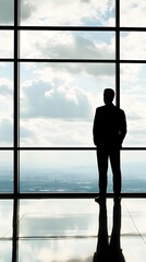 Fototapeta premium Silhouette of a businessman looking out of a large window.