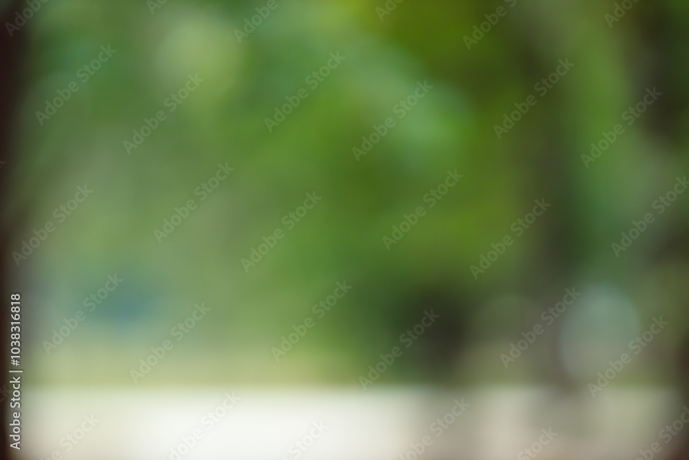 Aufkleber forest background out of focus. soft image with sunny weather. round bokeh. green background for des