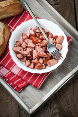 Pieces of sausage fried.
