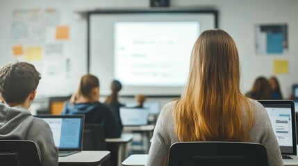 A sophisticated AI-powered educational content creation tool, modern classroom with interactive digital whiteboards and content development interfaces, Educational style