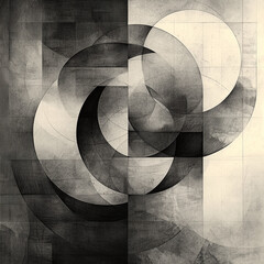 black and white abstract with layered circles creating a sense of depth on textured background