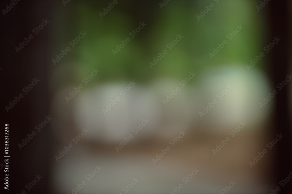 Poster Forest background out of focus. Soft image with sunny weather. Round bokeh. Green background for design.