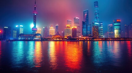 Obraz premium Nighttime City Skyline with Glowing Lights