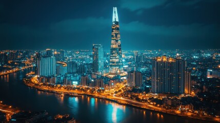 Naklejka premium Glowing City Skyline at Night with Illuminated Buildings