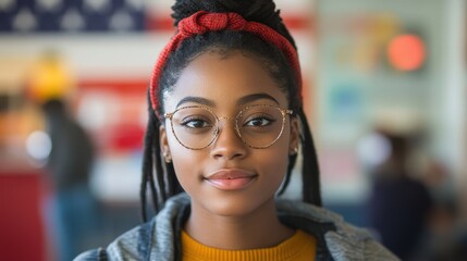 Obraz premium young Black female USA American election voter portrait in front of American flag