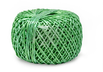 Ball of green polypropylene string, isolated on white background