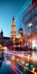 Obraz premium Night Lights Cityscape: Dynamic urban scene at twilight, capturing vibrant light trails and architectural details.