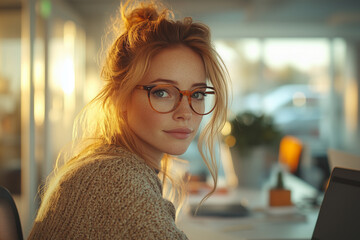 A woman with glasses and a messy bun is sitting at a desk with a laptop.