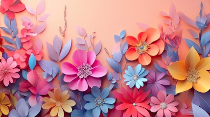 Obraz premium Colorful Paper Flowers and Leaves on a Peach Background