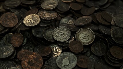 Close-up of a pile of old, tarnished coins.