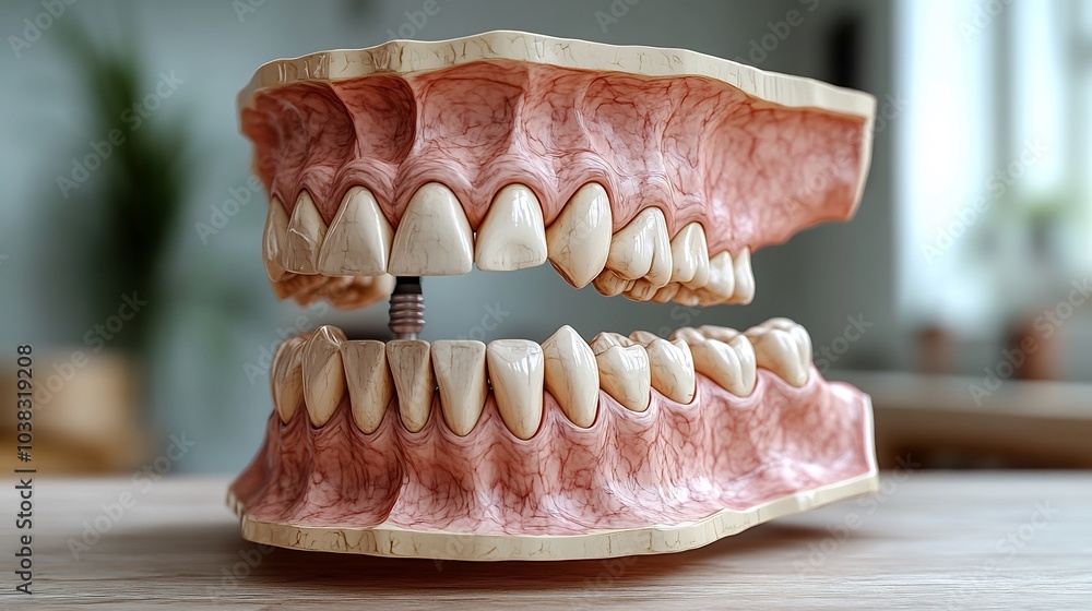 Poster realistic 3d rendering of a jaw model with a dental implant clearly visible demonstrating the implan