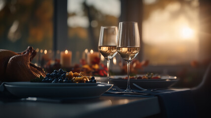 Couple sharing a romantic Thanksgiving dinner with wine at sunset, surrounded by warm candlelight and festive decor.