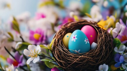 Obraz premium A nest of eggs with a blue and yellow one in the middle