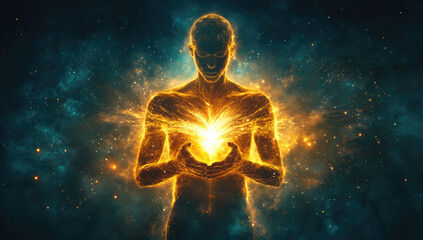 A glowing human figure with radiant energy waves emanating from their heart, surrounded by an aura of vibrant colors and soft light, symbolizing spiritual awakening or enlightenment