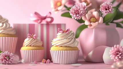 Pink Cupcakes, Flowers, and a Gift Box on a Pink Background