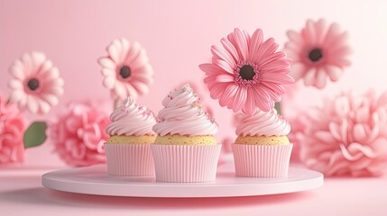 Three Pink Cupcakes with a Pink Flower on a Pink Background