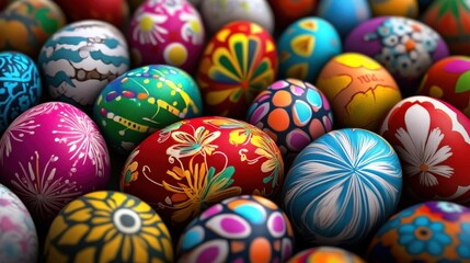 A bunch of colorful eggs with different designs on them