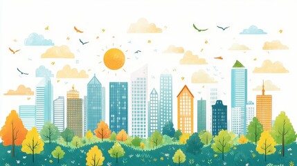 Ecofriendly cityscape illustration, flat design, top view, sustainable living theme, cartoon drawing, colored pastel