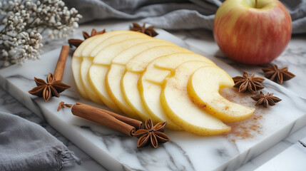 Sliced apples arranged in a spiral on a marble cutting board, accented with cinnamon sticks and star anise, creating a warm, autumnal vibe that evokes the essence of the season.