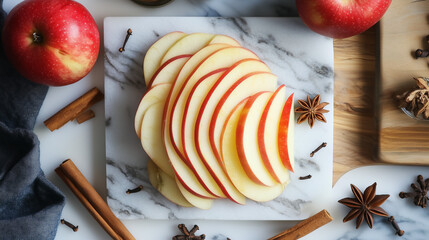 Sliced apples arranged in a spiral on a marble cutting board, accented with cinnamon sticks and star anise, creating a warm, autumnal vibe that evokes the essence of the season.