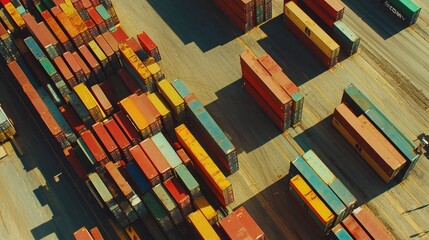Fototapeta premium Aerial view of container yard with shipping containers of different sizes, logistics 